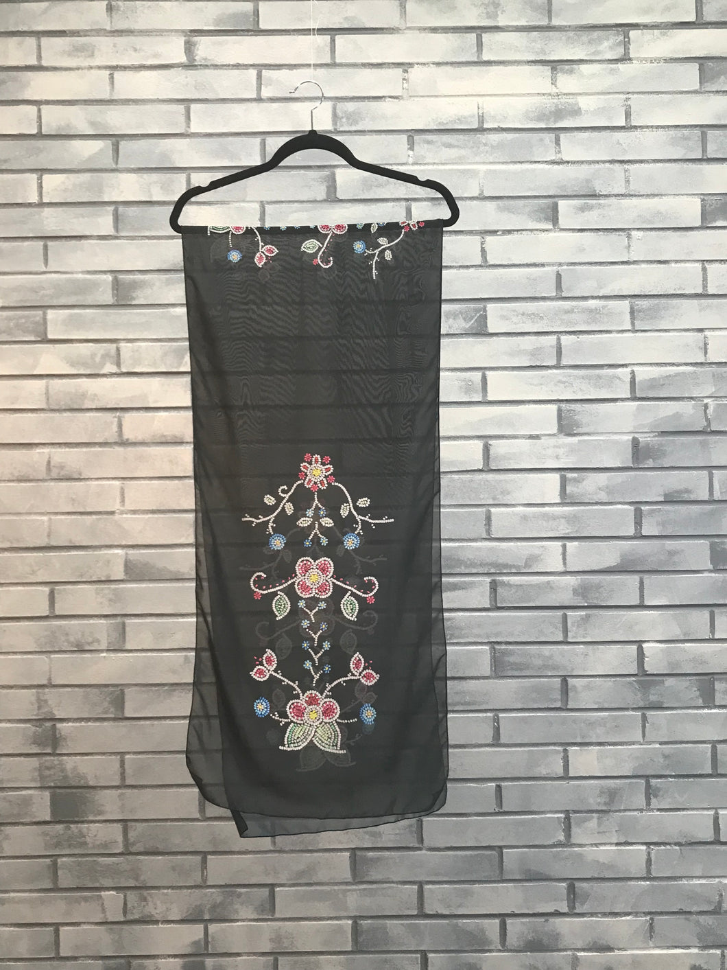 Black floral beadwork print scarf - Large