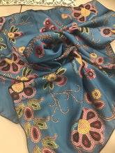 Load image into Gallery viewer, Blue Beadwork Print Satin Scarf
